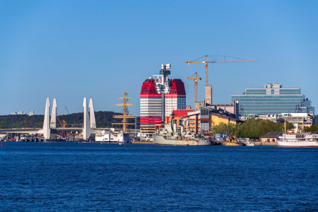 The Lilla Bommen building called Lipstick at harbor on Gota river bank, Gothenburg, Sweden, sunny dayの写真素材