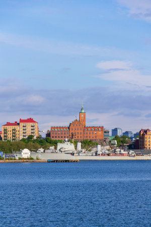 Gothenburg city skyline with HswMS Halland class destroyer Smaland and Navigation school on sunny day, Swedenの写真素材