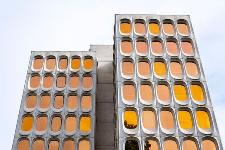 Facade of prefabricated modular concrete on the functionalist office CBR Building, Watermael-Boitsfort, Bussels, Belgiumの写真素材