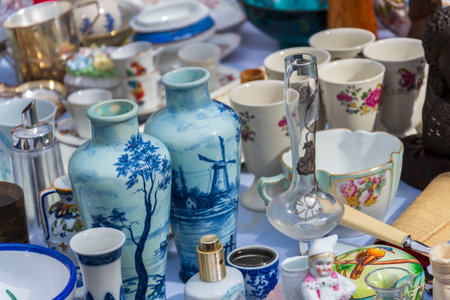 Old vintage things on the street flea market on Place du Jeu de Balle, Marolles district of Brussels, Belgiumの写真素材