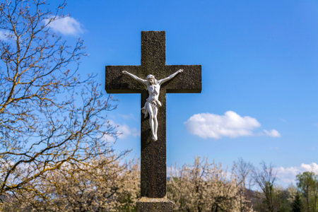 Beautiful Jesus Christ on crucifix, spring Easter budding tree flowers in background, cemetery on a sunny day, new life and religion conceptの写真素材