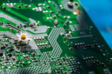 A daisy growing through a computer motherboard, energy consumption by artificial intelligence...