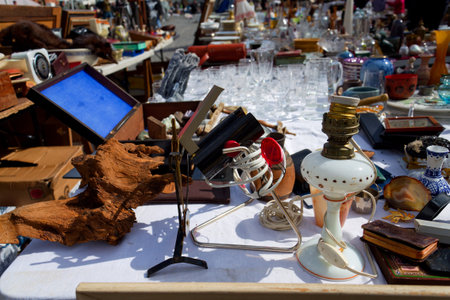 Old vintage things on the street flea market on Place du Jeu de Balle, Marolles district of...
