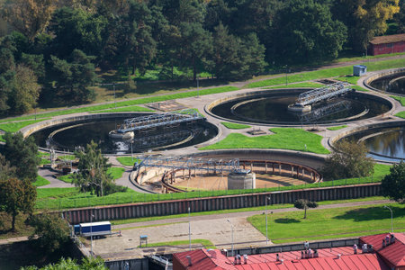 Aerial view of storage tanks, sewage water treatment plant, water shortage and global warming...
