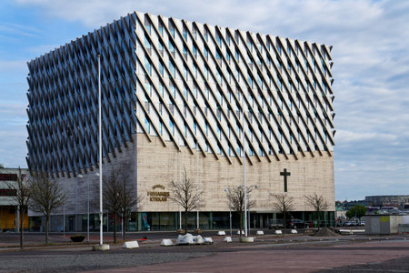Modernist Smyrna Church Frihamnen with concert hall on the island of Hisingen, Gothenburg, Sweden