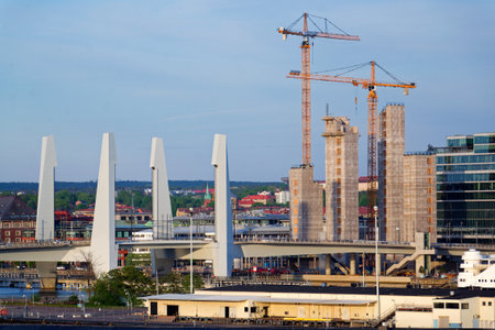 The Hisingen bridge, vertical lifting bridge Hisingsbron connecting river island of Hisingen to the mainland in central Gothenburg, Swedenの写真素材