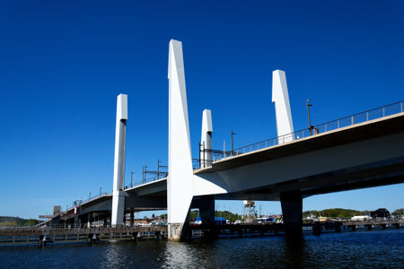 The Hisingen bridge, vertical lifting bridge Hisingsbron connecting river island of Hisingen to the mainland in central Gothenburg, Swedenの写真素材