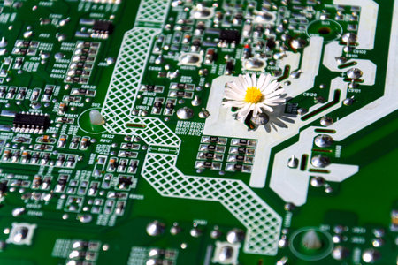 A daisy growing through a computer motherboard, energy consumption by artificial intelligence concept, environmental impactsの写真素材