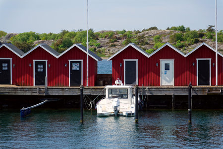 Houses around marina in Donso island, Southern Gothenburg archipelago, Gothenburg municipality, Vastra Gotaland County, Swedenの写真素材