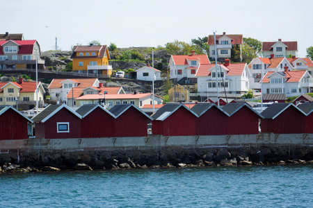 Houses around marina in Donso island, Southern Gothenburg archipelago, Gothenburg municipality, Vastra Gotaland County, Swedenの写真素材