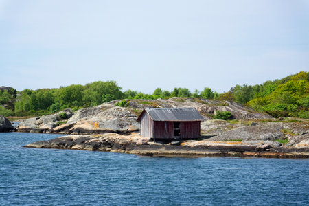 Houses around marina in Donso island, Southern Gothenburg archipelago, Gothenburg municipality, Vastra Gotaland County, Swedenの写真素材