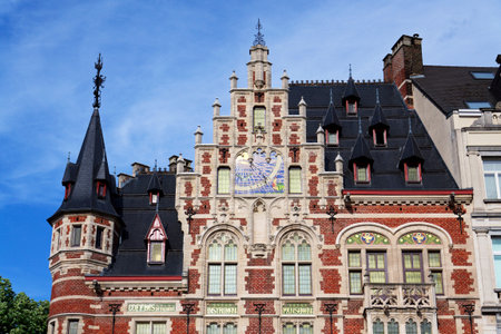Neo-gothic corner building designed by Paul Saintenoy La Pharmacie Anglaise in Brussels, Belgiumの写真素材