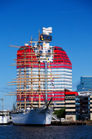 City view with ship hotel Barken Viking and part of the Lilla Bommen building called Lipstick at harbor on Gota river bank on May 12, 2025 in Gothenburg, Sweden.のeditorial素材