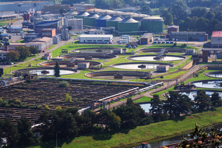 Sewage water treatment plant, storage tanks, water shortage and global warming concept, aerial view