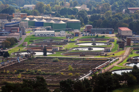 Sewage water treatment plant, storage tanks, water shortage and global warming concept, aerial view