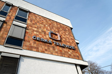Ceska televize public television broadcaster company logo on the headquarters building on March 4,...