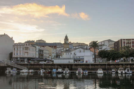 sunset lights over the town of Foz in North Spainの写真素材