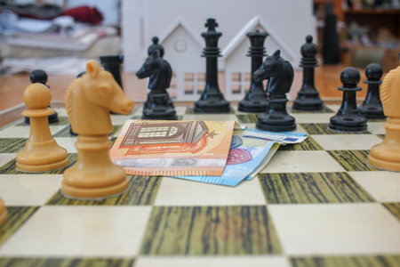 euro notes on the chessboard to make the right decisions and buy houses