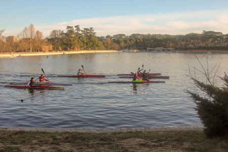rowing in Casa de Campo in Madrid on a sunny day during sunsetの写真素材