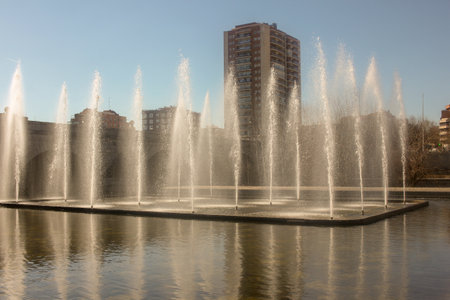 fountains are an attraction in river Manzanares in Madrid, the capital of Spainの写真素材