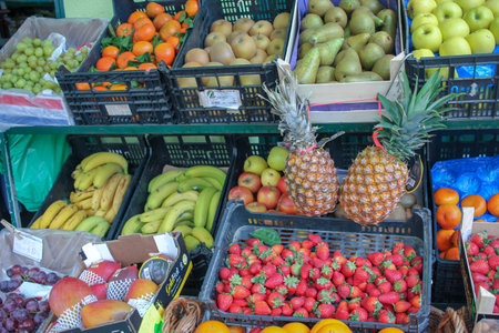 stand with fruits full of vitamins in Chaves, Portugalの写真素材
