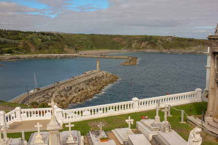 a view of the sea from Luarca cemetery in the Cantabrian coast of Spainの写真素材