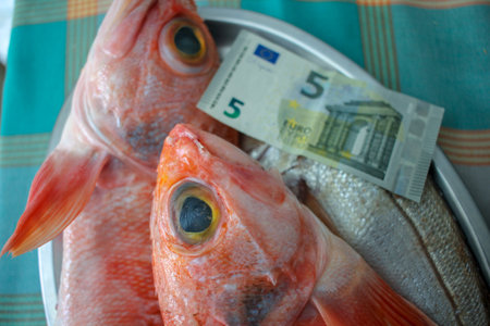 fish and five euro note. The price of fish is so expensiveの写真素材