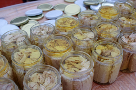 delicious and healthy bonito preserved in olive oil as a tradition in Burela, Spain