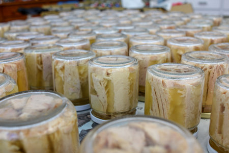 Slow Preserved Bonito with Olive Oil in Burela, Spainの写真素材