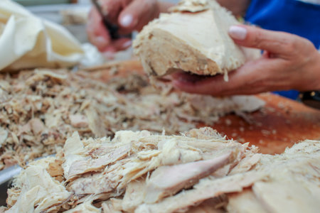 preparing bonito to preserve it in olive oilの写真素材