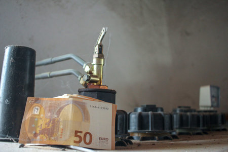 A conceptual shot featuring a 50 euro banknote resting on a metallic heating oil tank, highlighting...