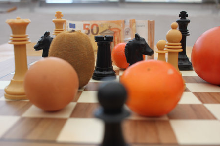 Chess pieces share the board with groceries and money, symbolizing the strategic struggle households...