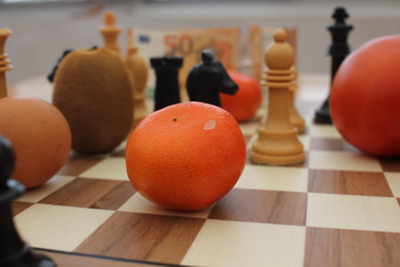 Money and groceries compete for space on the board, illustrating how inflation reshapes the value of everyday necessities.の写真素材