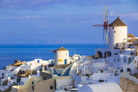Beautiful cycladic village Oia, windmills, Santorini island, Cyclades, Greeceのeditorial素材