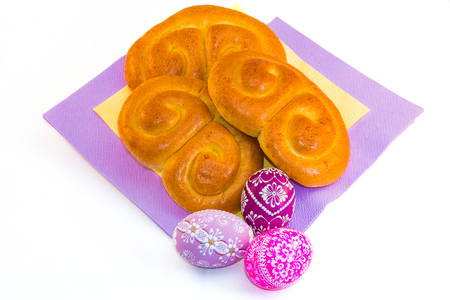 Traditional czech Easter decorations with easter eggs and typical Jidas bakeryの写真素材