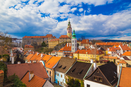 Cesky Krumlov castle and its tower with dramatic stormy sky, Czech Republicの写真素材