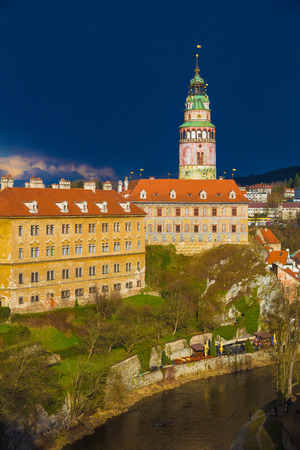 Cesky Krumlov castle and its tower with dramatic stormy sky, Czech Republicのeditorial素材