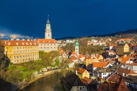 Cesky Krumlov castle and its tower with dramatic stormy sky, Czech Republicのeditorial素材