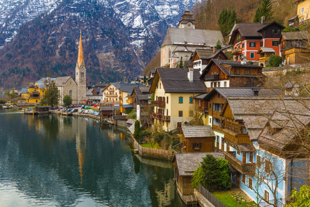 Beautiful Hallstatt town with traditional wooden houses, Austria, Europeの写真素材