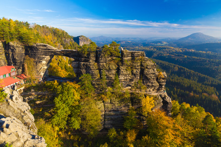 Pravcicka Gate in autumn colors, Bohemian Saxon Switzerland, Czech Republicの写真素材