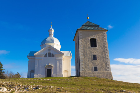 Tanzberg Hill, Svaty Kopecek, early winter, blue sky, Mikulov, Southern Moravia, Czech Republicの写真素材