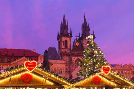 Xmass markets in Prague, Oldtown Square, Czech Republic, illuminatedのeditorial素材