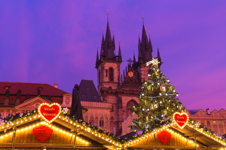 Xmass markets in Prague, Oldtown Square, Czech Republic, illuminatedのeditorial素材
