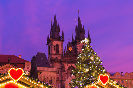 Xmass markets in Prague, Oldtown Square, Czech Republic, illuminatedの写真素材