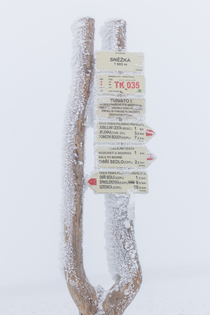 Signpost on Snezka mountain, covered with snow, Krkonose, Czech republic, white foggy backgroundの写真素材