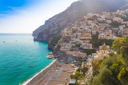 Pictoresque town of Positano with late afternoon sunrays trails, Amalfi coast, Campania region, Italyの写真素材