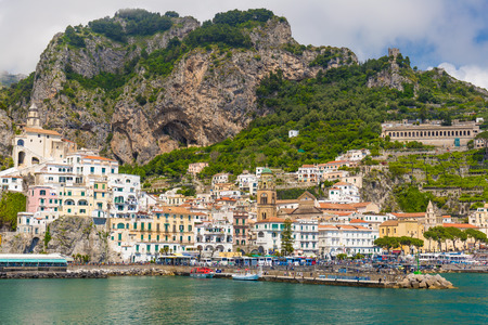 Beautiful town of Amalfi,front view with sea and boats in foreground, Amalfi coast, Campania, Italyのeditorial素材