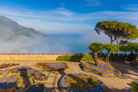Amazing view from villa Rufolo, Ravello town, with cloudy mist, Amalfi coast, Campania, South of Italyの写真素材