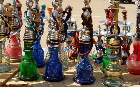 Colorful water pipes on sale at the Bedouin market of Ber-Sheba, Israelの写真素材