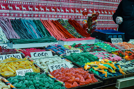 sale of jelly beans and sweets in varied colors handmade by artisans in the bullring of Pamplonaのeditorial素材